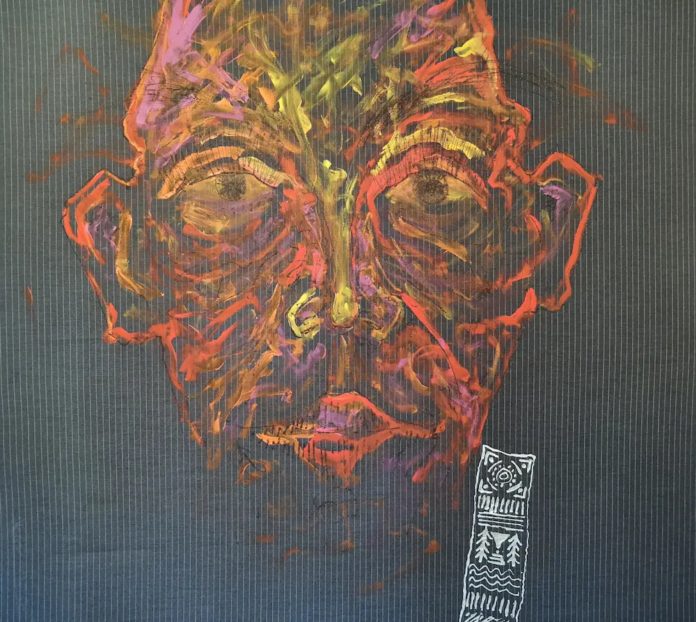 Portrait, Mixed media on upcycled fabric, 130 x 140 cm, 2023